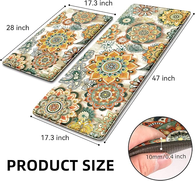 Boho Yellow Floral Kitchen Rugs Mats for Floor 2 Piece Memory Foam Padded Kitchen Mats Anti Fatigue Non Slip Cushioned Comfort Standing Mat, 17.3x28+17.3x47 Inch