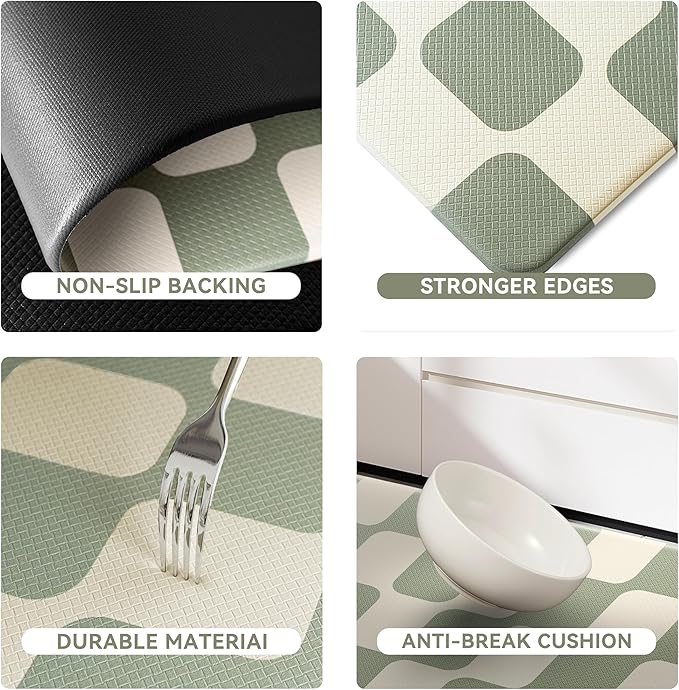 Sage Green Beige Retro Curvy Checkered Grid Checkerboard Kitchen Rug Sets [2 PCs], Anti-Fatigue, Waterproof Non-Slip Kitchen Mats Heavy Duty Comfort Foam Rug for Floor, Home, Laundry,17"x29"+17"x47"