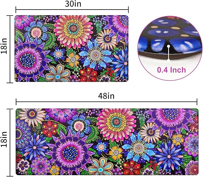 Likiyol Boho Kitchen Rugs, Boho Floral Anti Fatigue Kitchen Mat for Floor, Bohemian Flowers Non Slip Washable Kitchen Floor Mats, Comfort Standing Mat, 18'' x 30''+18''x48'', Floral