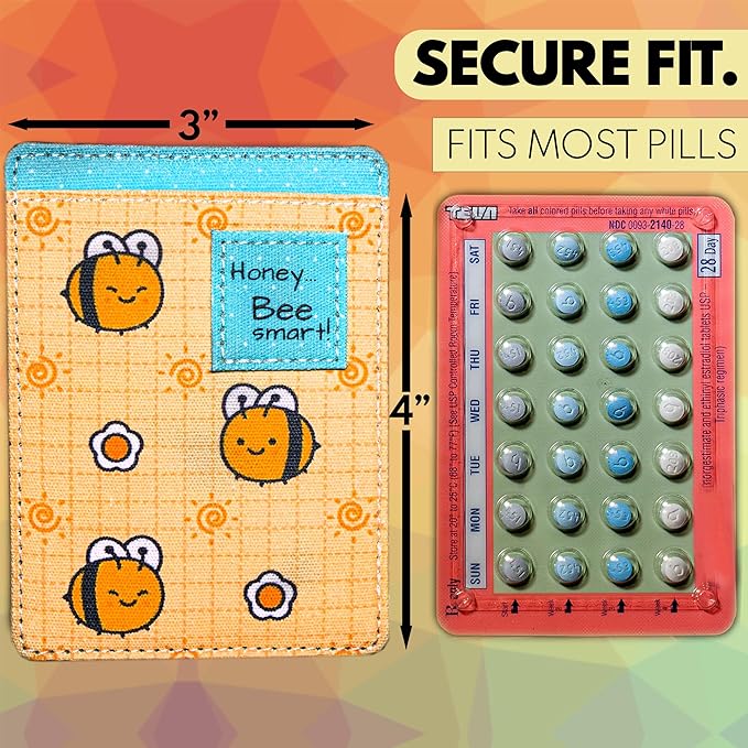Birth Control Pill Case for Contraceptive Pills Medication Sleeve Pouch Holder - Fits up to 4' x 3' (and 2x4) Packets Holder - Cute, Honey Bee, Funny, Discrete Artwork, Anime, Pink