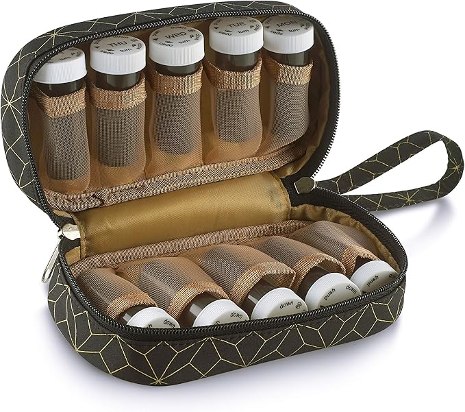 Pill Case and Pills Bottle Organizer - Weekly and Daily Medicine Container Carrier Tote Bag for Weekly Pill Bottles with 3 Extra Daily Bottles