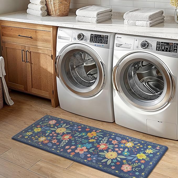 GENIMO Kitchen Mats for Floor 2PCS, Cushioned Kitchen Rugs Non Slip Washable, Farmhouse Anti Fatigue Mat Waterproof, Comfort Standing Mat Rug for Office, Home, Laundry, 17.3"x47"+17.3"x30", Navy