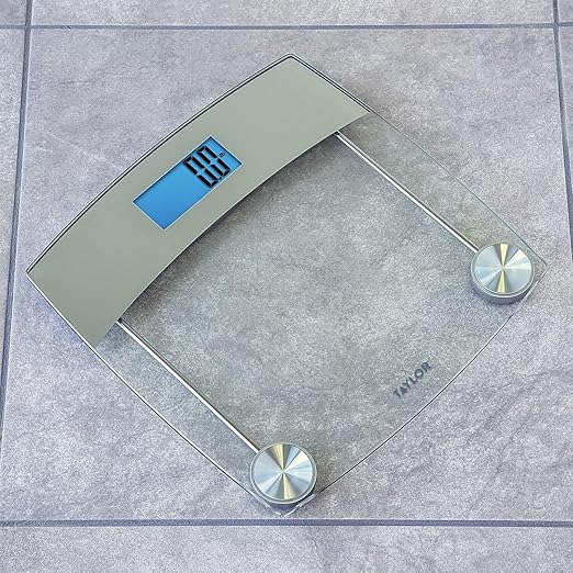 Taylor Digital Scales for Body Weight, Extra High 440 LB Capacity, Unique Blue LCD, Stainless Steel Accents Glass Platform, 12.4 x 12.4 Inches, Clear
