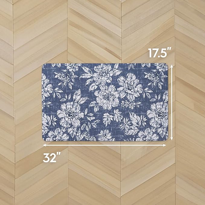 Laura Ashley - Anti-Fatigue Kitchen Mat, Iris Floral Design, Stain, Water & Fade Resistant, Cooking & Standing Relief, Non-Slip Backing, Measures 17.5" x 32", Navy Iris