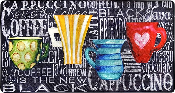 J&V TEXTILES Anti Fatigue Kitchen Mat - Kitchen Mat Cushioned Anti Fatigue, Kitchen Floor Mats Cushioned, Non Slip Waterproof Mat Standing Desk, 20x36x1/2 inches (Coffee Cups Chalk)