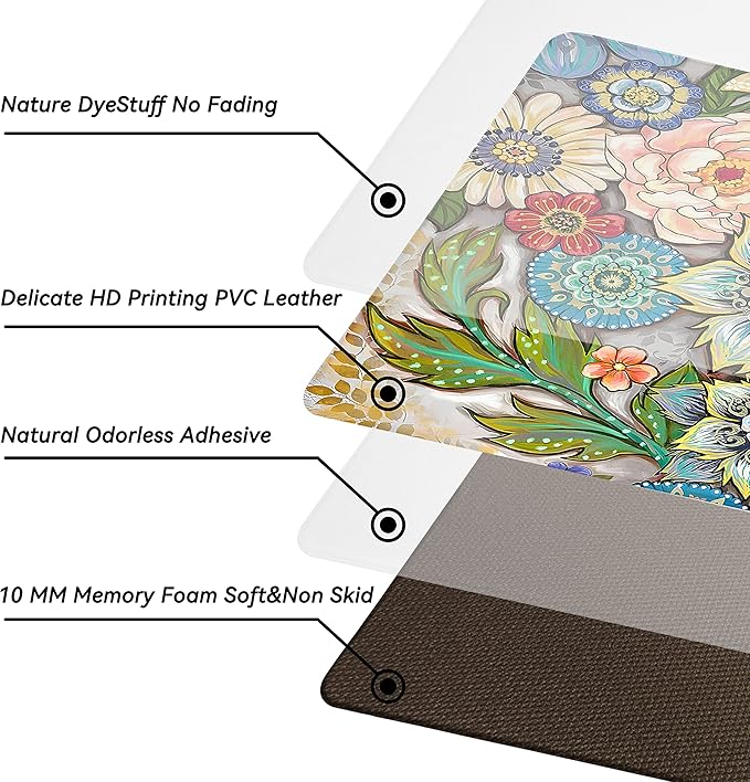 Boho Floral Kitchen Rugs Mats for Floor 2 Piece Memory Foam Padded Kitchen Mats Anti Fatigue Non Slip Cushioned Comfort Standing Mat, 17.3x28+17.3x47 Inch