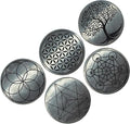 Shungite Stickers for Cell Phone Tablet Laptop - Protection Plates Set 5 pcs - Round Polished Medium Size 33mm ~ 1.29" - Engraving Sacred Symbols - Authentic Shungite II Type