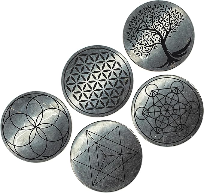Shungite Stickers for Cell Phone Tablet Laptop - Protection Plates Set 5 pcs - Round Polished Medium Size 33mm ~ 1.29" - Engraving Sacred Symbols - Authentic Shungite II Type