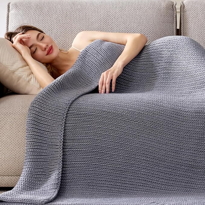 Guohaoi Knitted Weighted Blanket for Adults (Light Grey 60"x80" 17lbs) No Beads Cooling Throw Blanket for Hot Sleepers, Home Decor Breathable Chunky Knit Heavy Blanket Use on Queen/King Size Bed