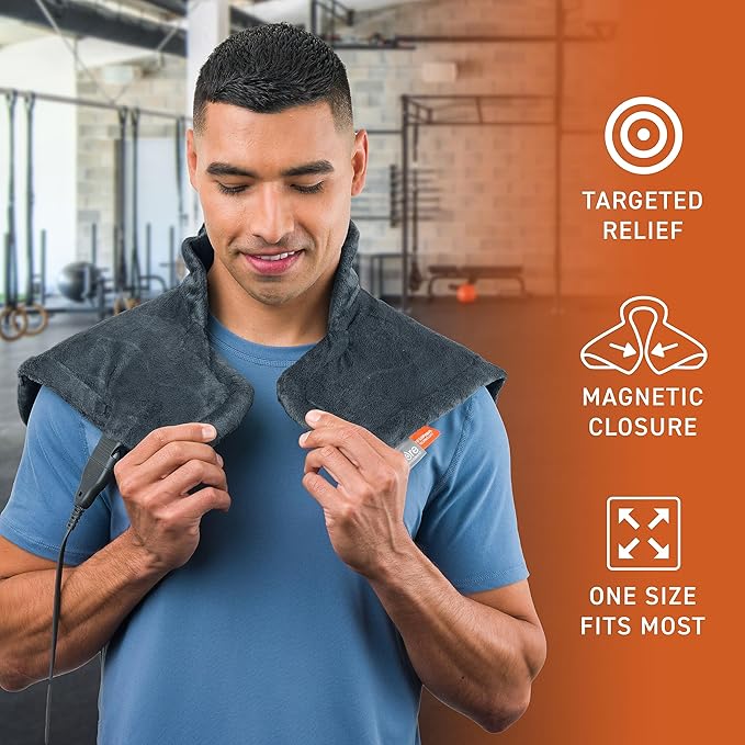 Pure Enrichment PureRelief Pro Far Infrared Neck & Shoulder Heating Pad - Deeper Muscle Relief, 4 Heat Settings, Auto Shut-Off, Universal Fit, Magnetic Closure, Dry/Moist Heat, Machine Washable