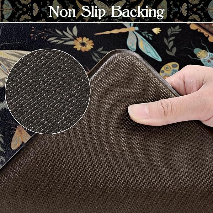 Yinhua Kitchen Rugs Sets of 2, Black Insect Kitchen Rugs Non Slip Washable, Farmhouse Anti Fatigue Mats for Kitchen Floor, PVC Waterproof Rug for Spring Summer, 18"x30"+18"x48"
