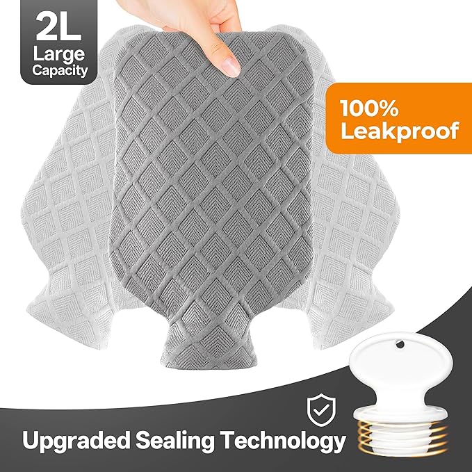 Hot Water Bottle with Soft Cover, 2L Hot Water Bag, Hot and Cold Therapies for Sore Muscles, Menstrual Cramps, Neck and Shoulder Pain Relief, Great for Women, Childs, Gray