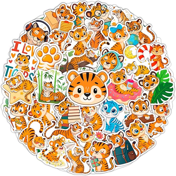 100Pcs Tiger Stickers Waterproof or Laptop - Tiger Gifts & Party Supplies - Jungle Animals Stickers, Wildlife Decals - Gift for Women & Men