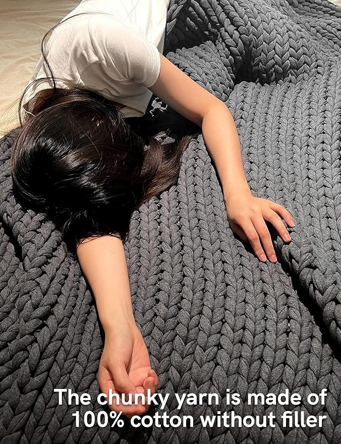 YnM 100% Cotton Weighted Blanket, Handmade Chunky Knitted Throw, No fillers Design, Soft and Breathable, Machine Washable Bed Blanket for Sleep or Home Decor (Dark Grey, 80x84 Inch, 35lbs)