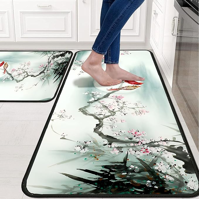 Cardinal Kitchen Rugs 2 Piece Set for Floor Mat, Rug With Birds Non Skid Washable Absorbent Cardinal Kitchen Mat for in Front of Sink for Standing for Home Cardinal Kitchen Decor 17"X30"+17"X47"