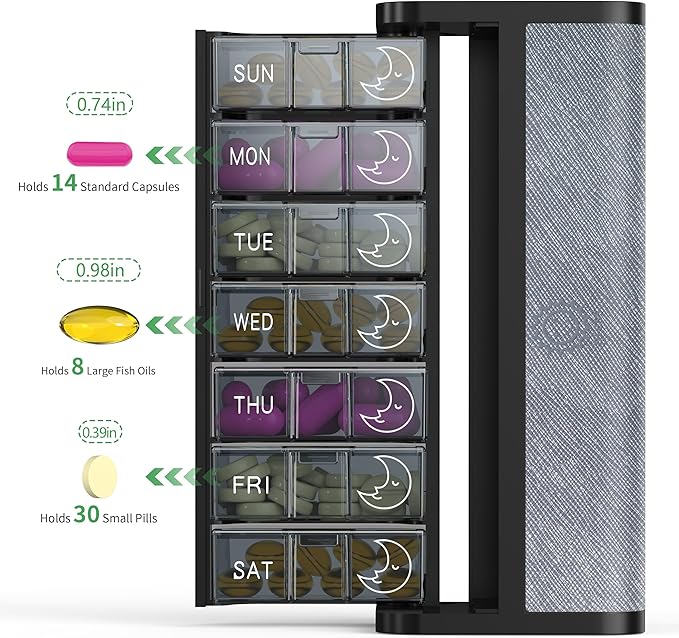 7-Day AM/PM Pill Organizer with Scratch-Resistant Leather Case - Portable Weekly Travel Medicine Box with Detachable Daily Pods & Privacy Design (Silver Black)
