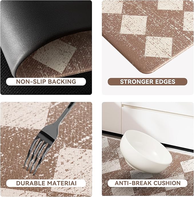 Khaki Beige Moroccan Trellis Checkered Kitchen Rug Sets [2 PCs], Anti-Fatigue, Waterproof Non-Slip Kitchen Mats Heavy Duty Ergonomic Comfort Foam Rug for Floor, Home, Laundry,17"x29"+17"x47"