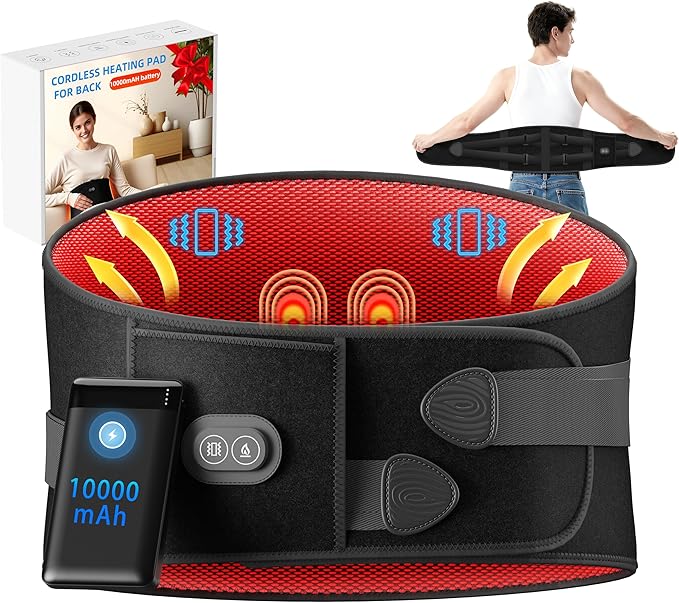 Heating Pad for Back - Lower Back Massager with 3 Heat 3 Vibration, 10000mAh Portable Heating Pad for Back, 30 mins Auto-Off, Black