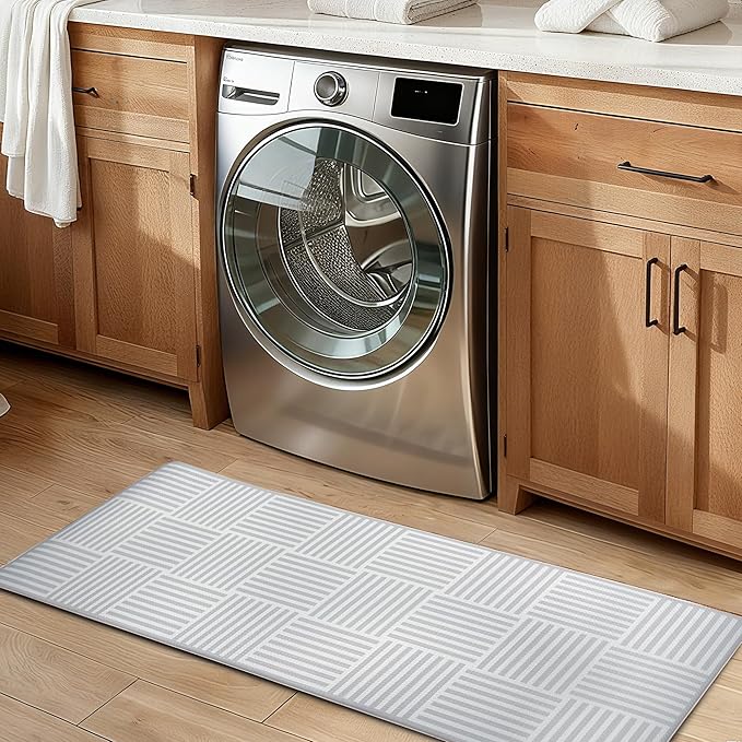 Kitchen Mats For Floor 2 Piece Cushioned Anti Fatigue Kitchen Plaid Rugs Set Non Slip Waterproof Comfort Foam Standing For Laundry,Desk,Office,Bathroom,Apartment Decor,17.3"X29"+17.3"X47",Grey