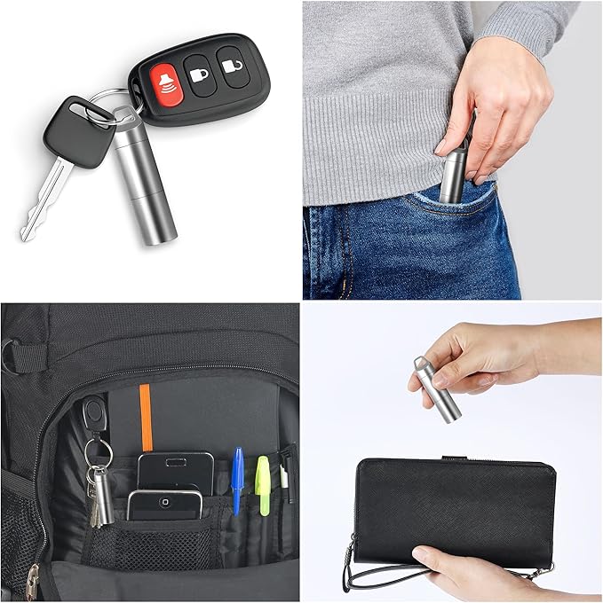 Small Pill Holder Keychain(2 Compartments Design), Portable Metal Pill Case Waterproof Pill Box Container Mini Stainless Steel Pill Organizer for Travel Purse Pocket