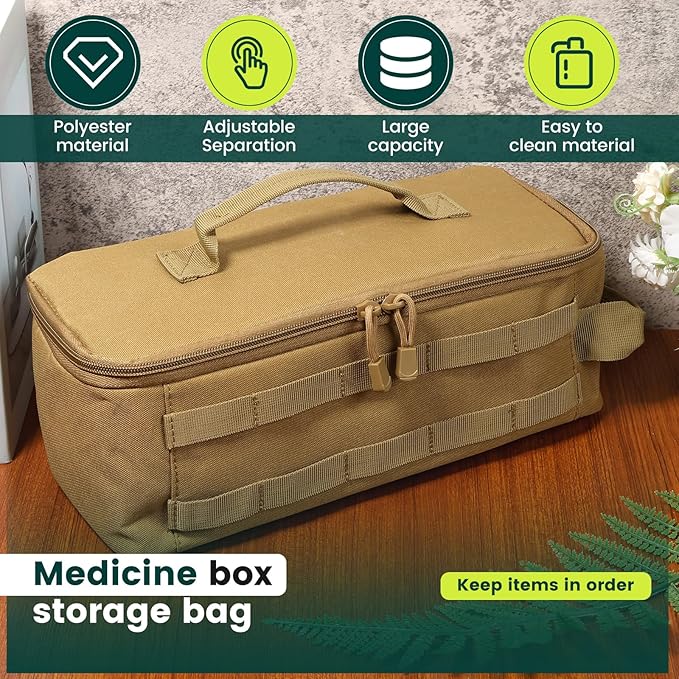 First Aid Bag Empty,Travel Bag Empty Pill Box Organizer, Portable Travel Pill Bottle Organizer for Home Outdoor Emergency Traveling(brown,13.78 x 5.91 x 4.72 in)