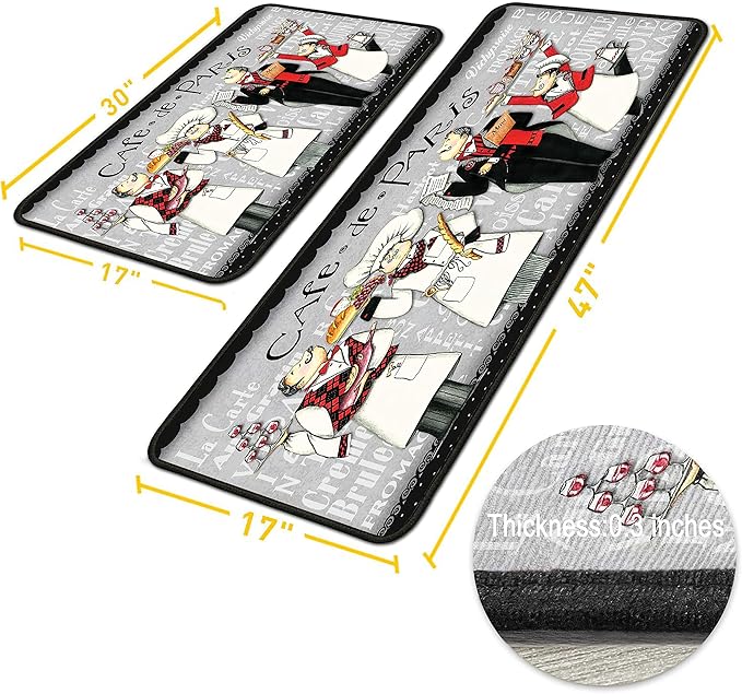Black Fat Chef Kitchen Rugs 2 Piece Set for Floor Mat, Non Skid Washable Absorbent Microfiber Fat Chef Kitchen Mat for in Front of Sink for Standing for Home Fat Chef Kitchen Decor 17"X30"+17"X47"