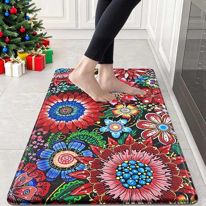 Likiyol Boho Kitchen Rugs Floral Kitchen Mats for Floor Bohemian Cushioned Anti Fatigue Mats for Kitchen Floor Non Slip Washable Kitchen Mat for Home, Sink, 18''x30'', Red