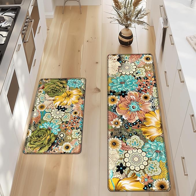 Kitchen Mats For Floor Cushioned Anti Fatigue Sets of 2 Boho Floral Kitchen Rugs Non Slip Waterproof Foam Kitchen Floor Mats Padded Comfort Standing Mat Rug For Sink Laundry Office, 17.3x28+17.3x59