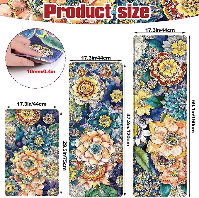 Dunzy 3 Pcs Spring Boho Floral Anti Fatigue Kitchen Mats for Floor Vintage Floral Cushioned Foam Mat Non Slip Waterproof Standing Rug Set for Sink Laundry Home, 17" x 29" 17" x 47" 17" x 59"(Boho)