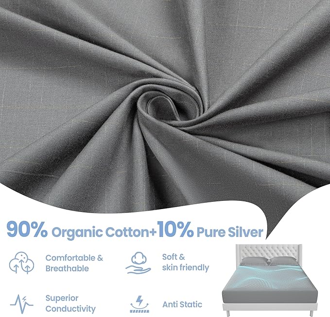 Grounding Sheets Gray Queen Size - 90% Organic Cotton + 10% Pure Silver Fitted Bed Sheet for Earthing - 400 Thread Count Deep Pocket Grounded Bedsheets - Improved Sleep Down to Earth Ground Bedding