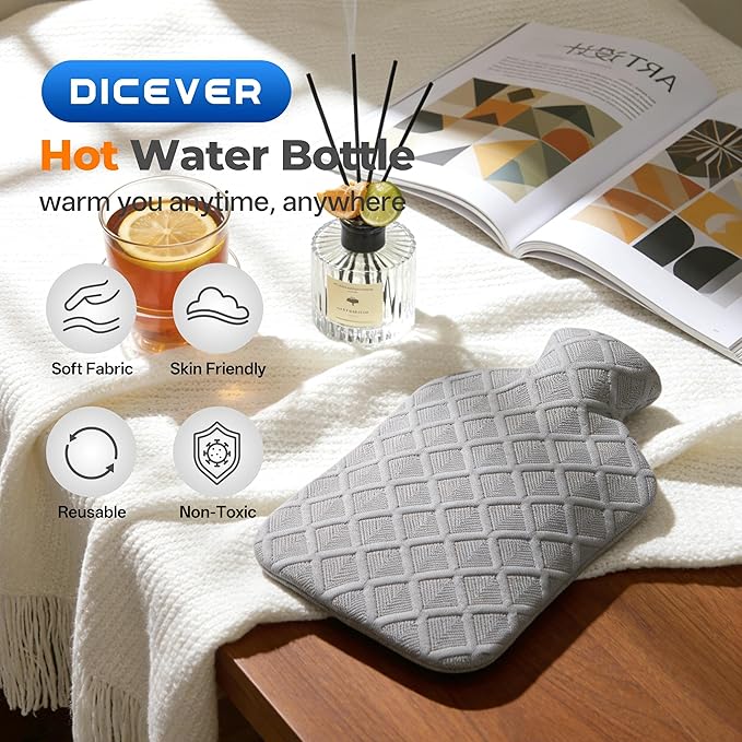 Hot Water Bottle with Soft Cover, 2L Hot Water Bag, Hot and Cold Therapies for Sore Muscles, Menstrual Cramps, Neck and Shoulder Pain Relief, Great for Women, Childs, Gray
