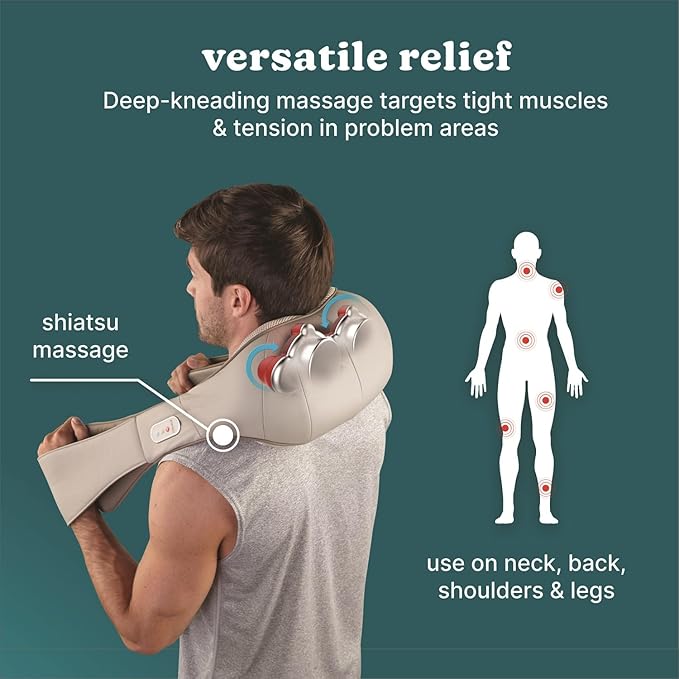 HoMedics Shiatsu Deluxe Neck & Shoulder Massager with Heat, 3 Speeds, Changes Direction, Muscle Kneading for Back, & Legs, Portable, Convenient Straps, Thera-P, Beige