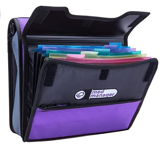 Med Manager Medicine Organizer and Portable Medical Binder, Holds (15) Pill Bottles - (11) Standard Size and (4) Large Bottles, Includes Removable 5-Tab File Folder, Purple, 14 x 14 x 4 inches