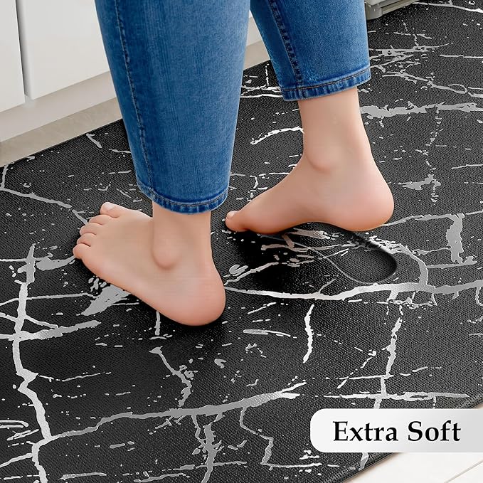 Silver Foil Stamped Marble Kitchen Mats for Floor 2PCS Cushioned Anti Fatigue Non Slip Waterproof Comfort Leather Kitchen Rugs 2/5 Inch PVC Kitchen Mats for Sink, Laundry, 17.3"x28"+17.3"x59", Black