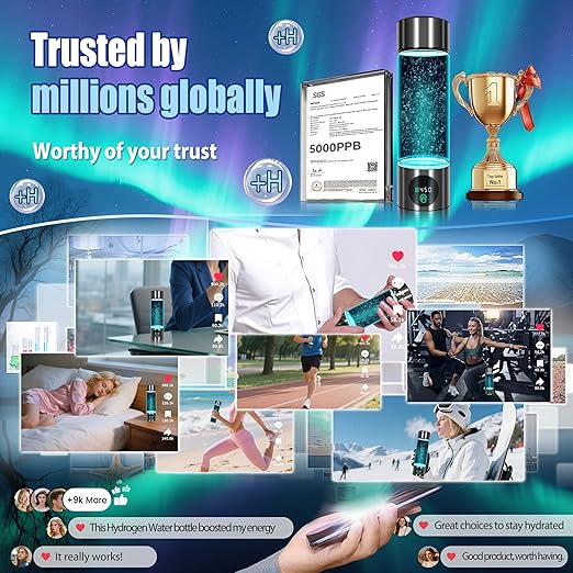 5.0 New Upgraded Hydrogen Water Bottle - Hydrogen Concentration up to 6000 PPB【SGS-Certified Hydrogen Generator】 2025 SPE/PEM Technology Odorless Double Hydrogen Content for Sports/Home/Office/Travel