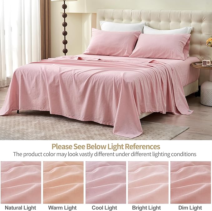 Simple&Opulence Belgian Linen Sheet Set Solid Color - 3 Pieces (1 Flat Sheet & 1 Fitted Sheet & 1 Pillowcase) Natural Flax Cotton Blend Soft Bedding Breathable Farmhouse - Pale Pink, Twin Size