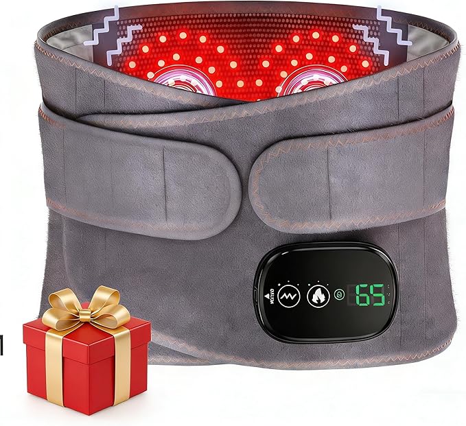 Lower Back Massager Waist Belt - Red Light Therapy, 3 Heating & Vibration Levels, Touchscreen Control, Adjustable Size, Multi-Use Heating Pad for Back/Stomach/Neck Pain Relief, Heated Back Brace