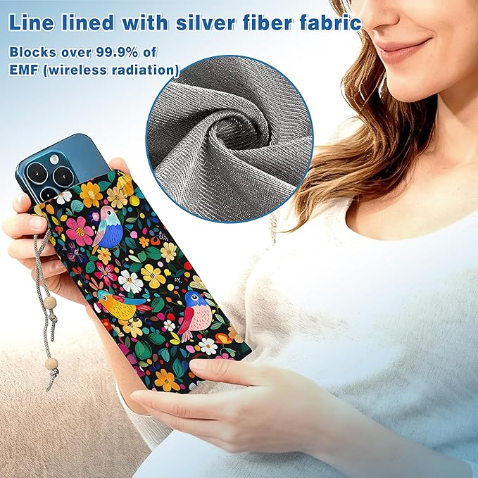 EMF Shield Sleeve for Cell Phone Reduce Signal Anti-EMP Pouch Against Radiation, EMF, 5G, RFID Blocking 4x8 Inch Flower Bird Phone Sleeve Bags