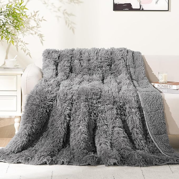 Cottonblue Faux Fur Weighted Blanket 15lbs, Soft Fuzzy Luxurious Fluffy Heavy Blanket, Plush Sherpa Dual Side Cozy Warm Throw Blanket for Bed Couch Sleeping, Grey, 48x72 inches