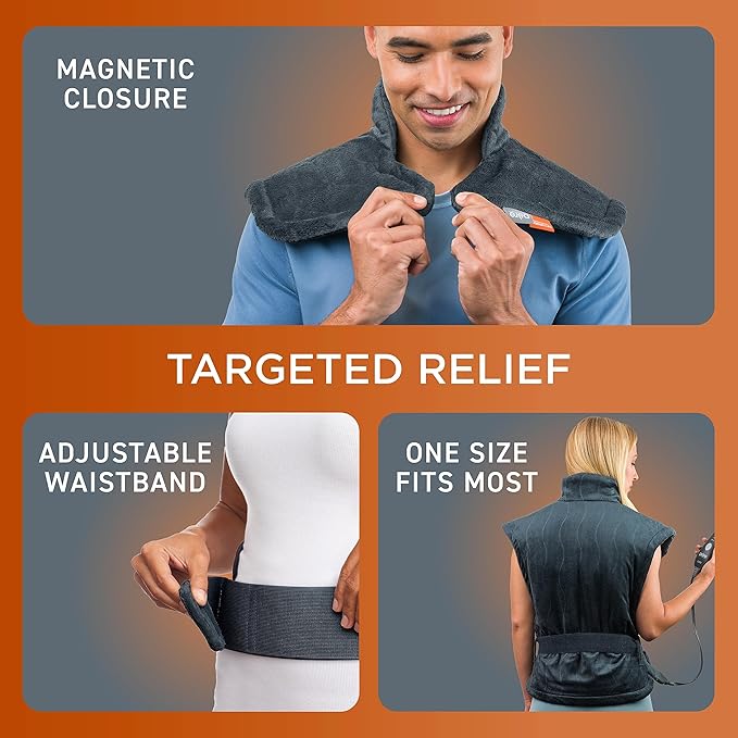Pure Enrichment PureRelief Pro Far Infrared Back & Neck Heating Pad - Deeper Muscle Relief for Back, Neck, & Shoulder Pain in Athletes, 4 Heat Settings, Dry/Moist Heat, 31.5” x 24” (Iron Gray)