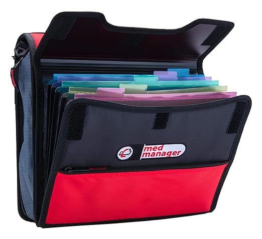 Med Manager Medicine Organizer and Portable Medical Binder, Holds (15) Pill Bottles - (11) Standard Size and (4) Large Bottles, Includes Removable 5-Tab File Folder, Red, 14 x 14 x 4 inches