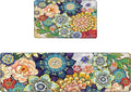 Boho Floral Kitchen Runner Rugs Mats for Floor 2 Piece Memory Foam Padded Long Kitchen Mats Anti Fatigue Cushioned Comfort Standing Mat, 17.3x28+17.3x59 Inch