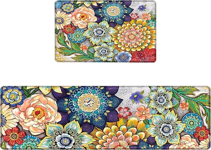 Boho Floral Kitchen Runner Rugs Mats for Floor 2 Piece Memory Foam Padded Long Kitchen Mats Anti Fatigue Cushioned Comfort Standing Mat, 17.3x28+17.3x59 Inch
