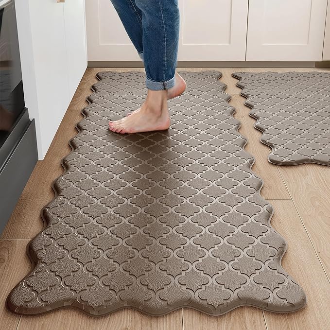 Upgrade Scalloped Embossed Kitchen Mats for Floor 2PCS Cushioned Anti Fatigue Waterproof Foam Kitchen Rugs Non Slip Washable Comfort Standing Mat for Office Sink Laundry, Brown