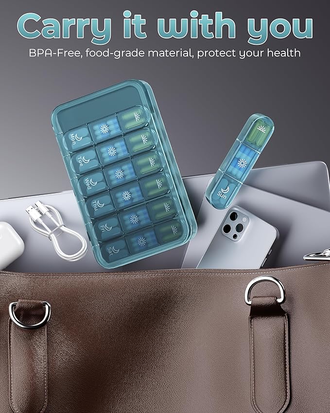 Pill Organizer 3X a Day｜Deep Blue Portable Pill Case｜7-Day Weekly Compartment｜Executive Travel Essential｜BPA-Free Health Companion｜Briefcase Must-Have
