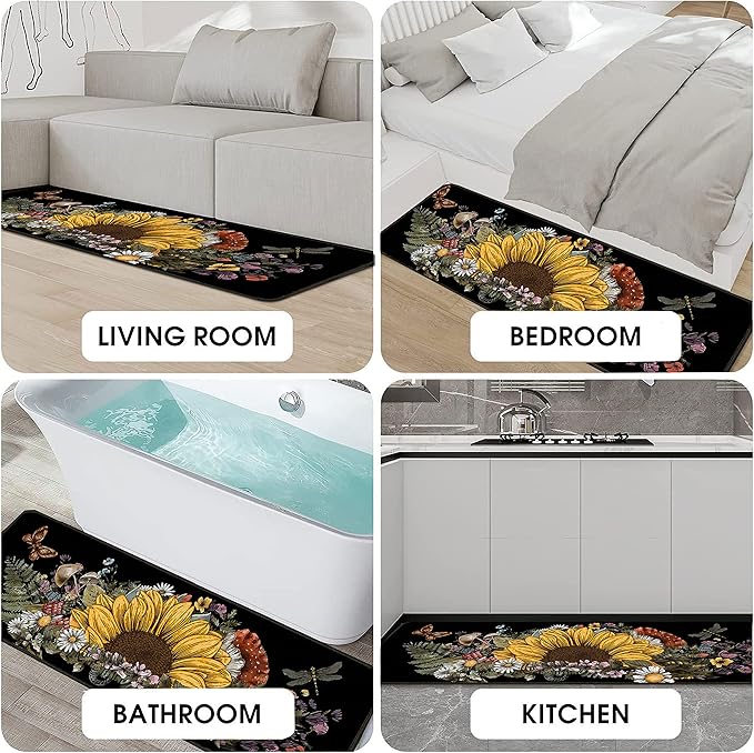 Sunflower Kitchen Rugs 2 Piece Set for Floor Mat, Non Skid Washable Absorbent Microfiber Sunflower Kitchen Mat for in Front of Sink for Standing for Home Sunflower Kitchen Decor 17"X30"+17"X47"