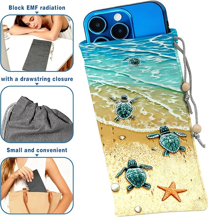 EMF Shield Sleeve for Cell Phone Reduce Signal Anti-EMP Pouch Against Radiation, EMF, 5G, RFID Blocking 4x8 Inch Beach Sea Turtle Phone Sleeve Bags