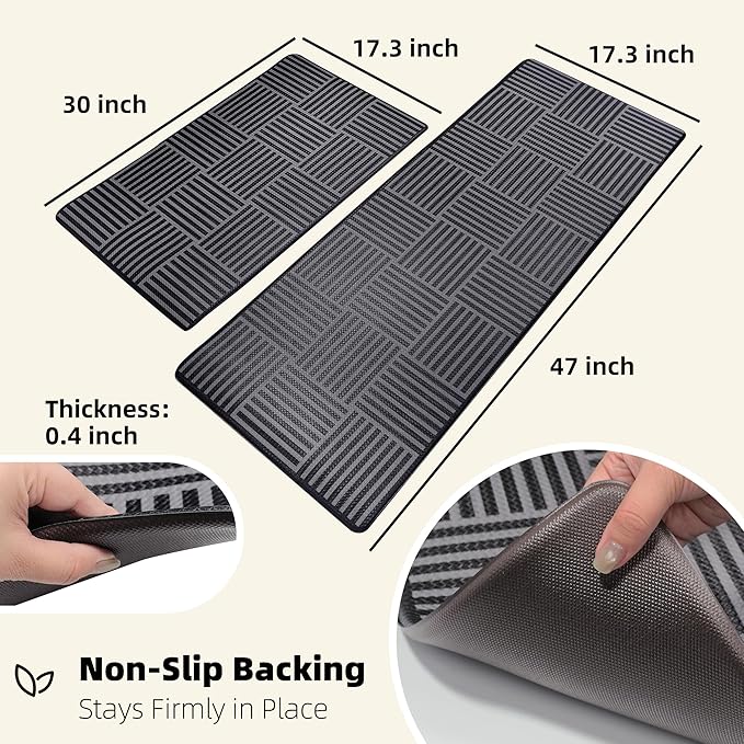 Kitchen Mats For Floor 2 Piece Cushioned Anti Fatigue Kitchen Plaid Rugs Set Non Slip Waterproof Comfort Foam Standing For Laundry,Desk,Office,Bathroom,Apartment Decor,17.3"X29"+17.3"X47",Black