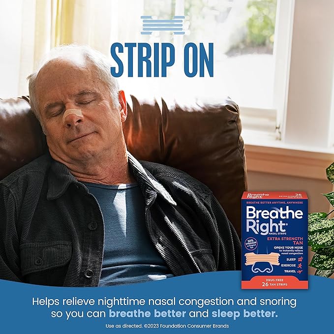 Breathe Right Nasal Strips Extra Strength Tan Nasal Strips Help Stop Snoring Drug-Free Snoring Solution & Instant Nasal Congestion Relief Caused by Colds & Allergies 26ct