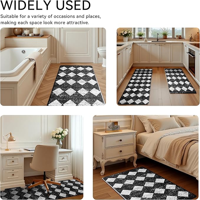 Black Moroccan Trellis Checkered Kitchen Rug Sets [2 PCs], Anti-Fatigue, Waterproof Non-Slip Kitchen Mats Heavy Duty Ergonomic Comfort Foam Rug for Floor, Home, Laundry,17"x29"+17"x47"